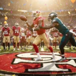 Jauan Jennings throws touchdown pass with Eagles defender reaching and 49ers sideline celebrating