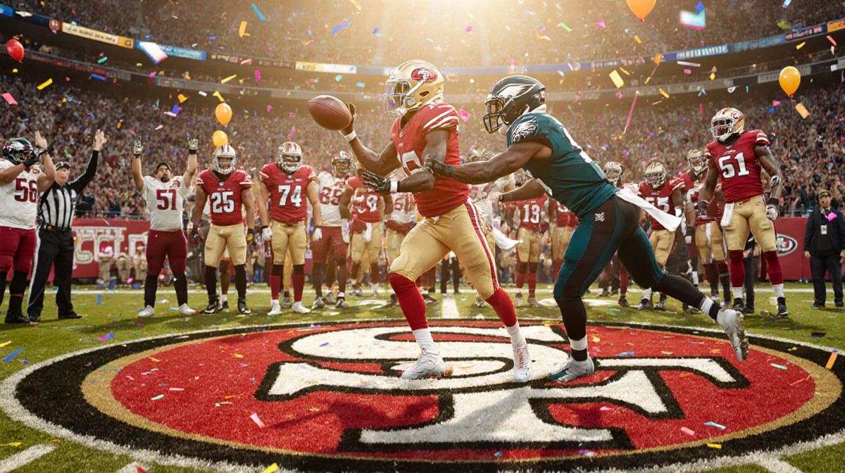 Jauan Jennings throws touchdown pass with Eagles defender reaching and 49ers sideline celebrating