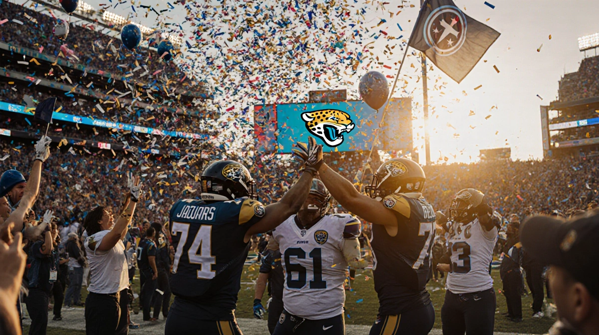 Jaguars players high‑fiving each other on the field with confetti and balloons and a sunset‑lit stadium full of cheering fans