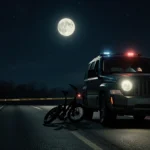 Jeep Cherokee on Route 73 South with headlights flickering and full moon casting eerie shadows