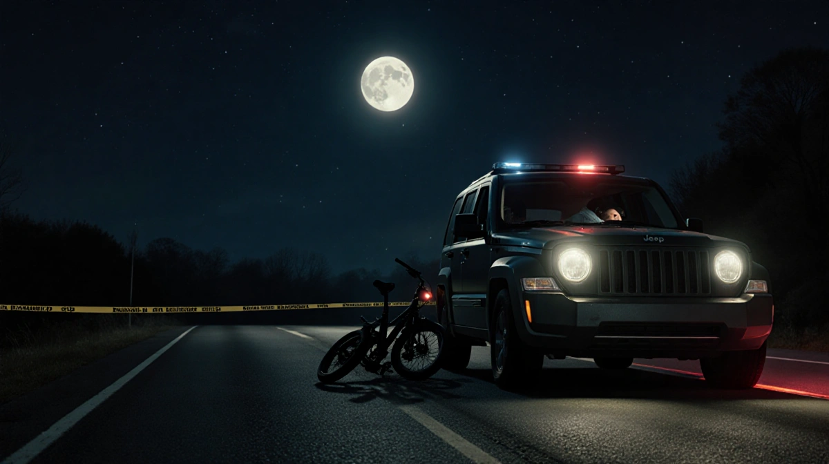 Jeep Cherokee on Route 73 South with headlights flickering and full moon casting eerie shadows