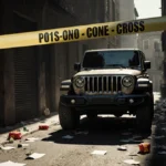 Jeep SUV stands behind police tape with worn tires and scattered debris showing crime scene