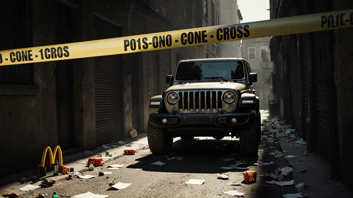 Jeep SUV stands behind police tape with worn tires and scattered debris showing crime scene