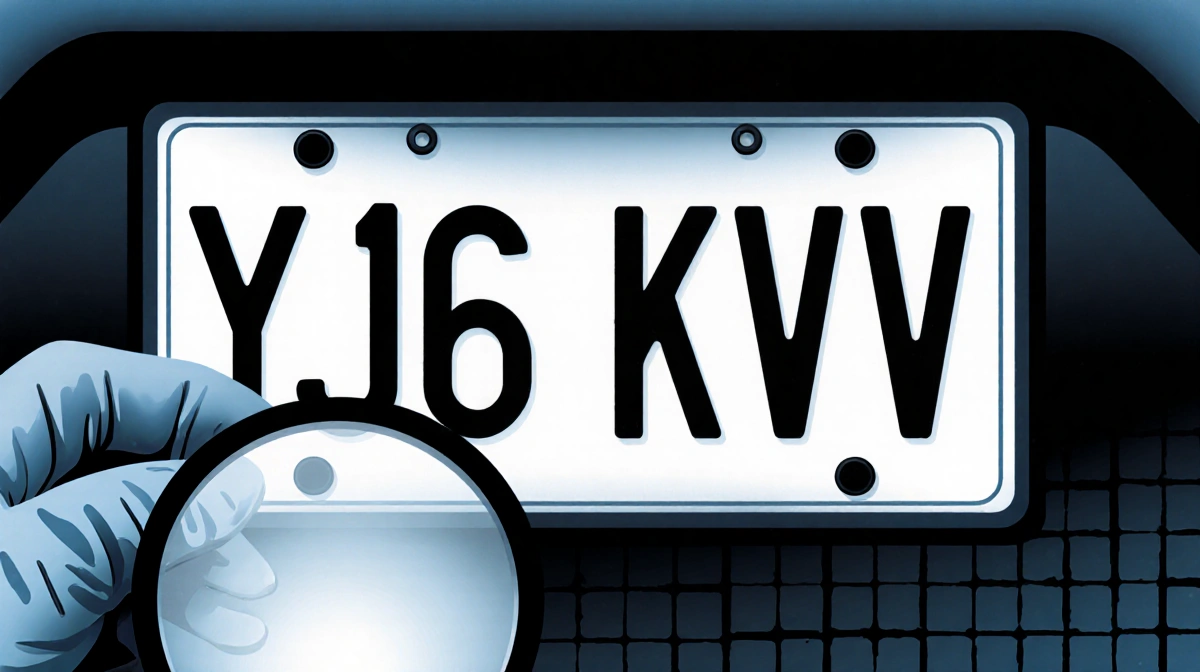 Jeep license plate showing bold black numbers with magnifying glass and forensic gloves indicating vehicle identification inv