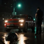 Red Jeep Grand Cherokee illuminates wet street with warm headlights and reflects on cyclist helmet in neon cityscape