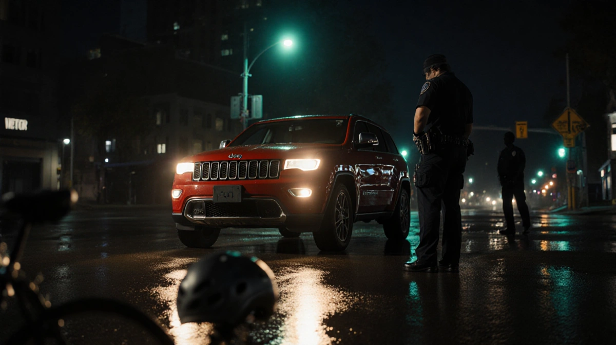 Red Jeep Grand Cherokee illuminates wet street with warm headlights and reflects on cyclist helmet in neon cityscape
