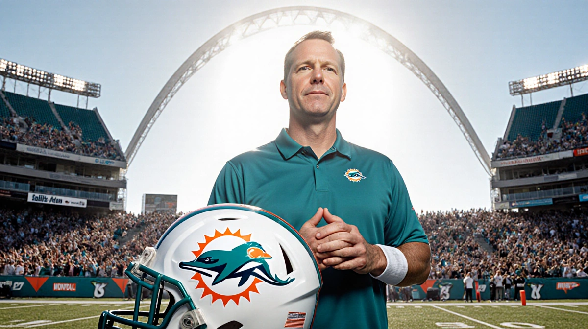 Jeff Hafley stands confidently with Miami Dolphins helmet and stadium fans behind him showing pride