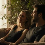 Jennifer Lawrence relaxing on couch with partner and natural greenery bathed in warm sunlight
