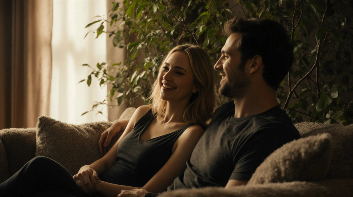 Jennifer Lawrence relaxing on couch with partner and natural greenery bathed in warm sunlight