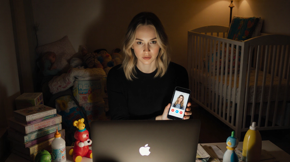 Woman video calling on phone with laptop and baby toys showing new motherhood isolation