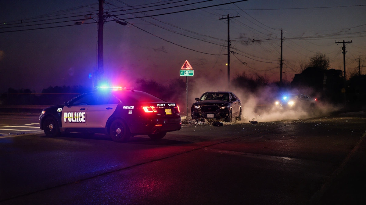 Police cruiser lights illuminate a dusk intersection with a crashed car and a vehicle speeding away leaving dust.