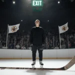 Jesse Kortuem stands at center ice with hockey stick on rink and Minnesota state flags waving behind him