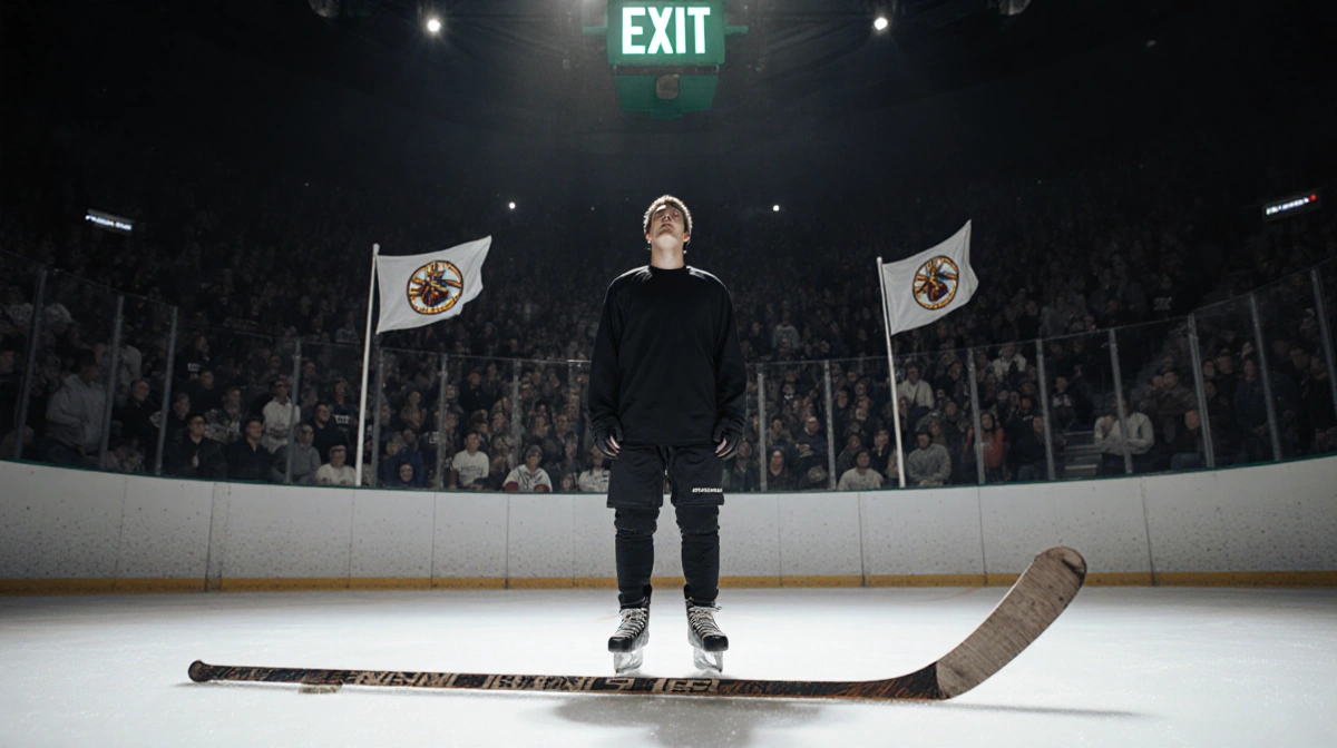 Jesse Kortuem stands at center ice with hockey stick on rink and Minnesota state flags waving behind him
