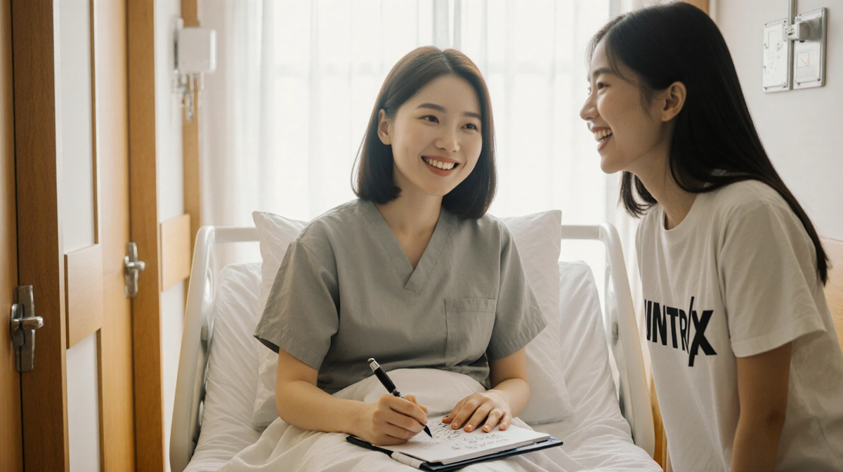 Ji-young Yoo signs autograph with pen and smiling fan wearing HUNTR/X tee in warm golden hospital corridor