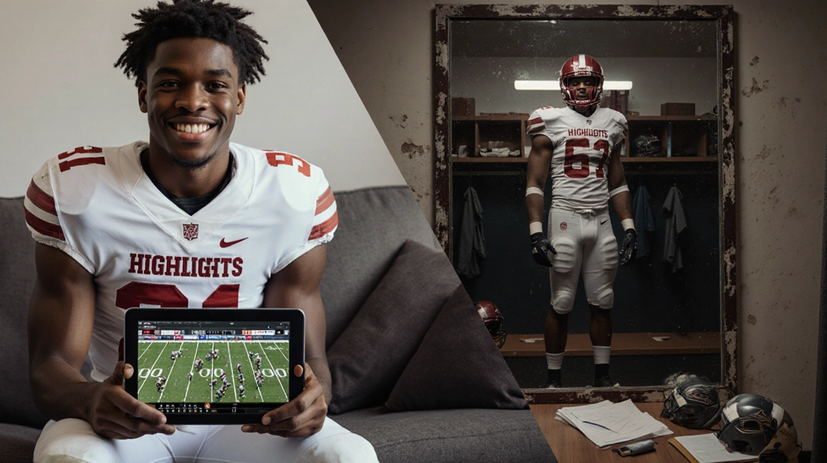 Jihaad Campbell relaxes on couch watching football highlights on tablet while split screen shows him in gear near locker room