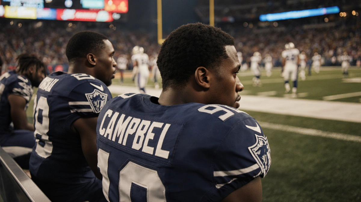 Jihaad Campbell sitting on NFL bench with Nakobe Dean standing nearby and stadium lights casting warm glow over field