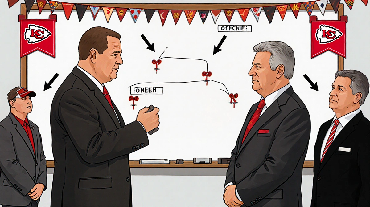 Jim Bob Cooter and Andy Reid discussing offensive plays at whiteboard with Chiefs logos and nameplates showing NFL coaching c