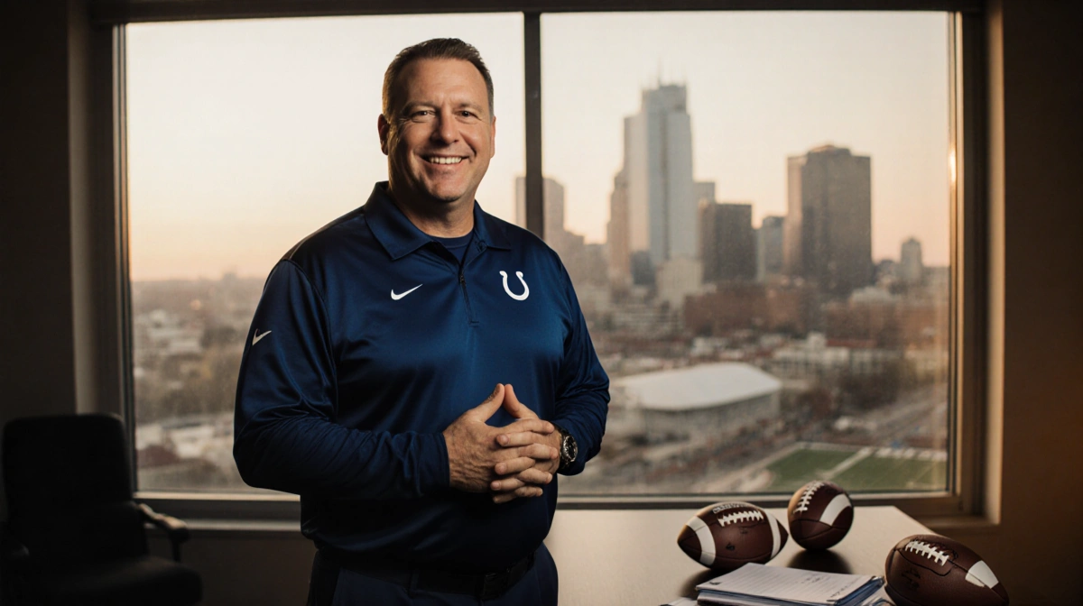 Jim Bob Cooter stands with clasped hands and confident smile before the Indianapolis skyline with footballs and playbooks on