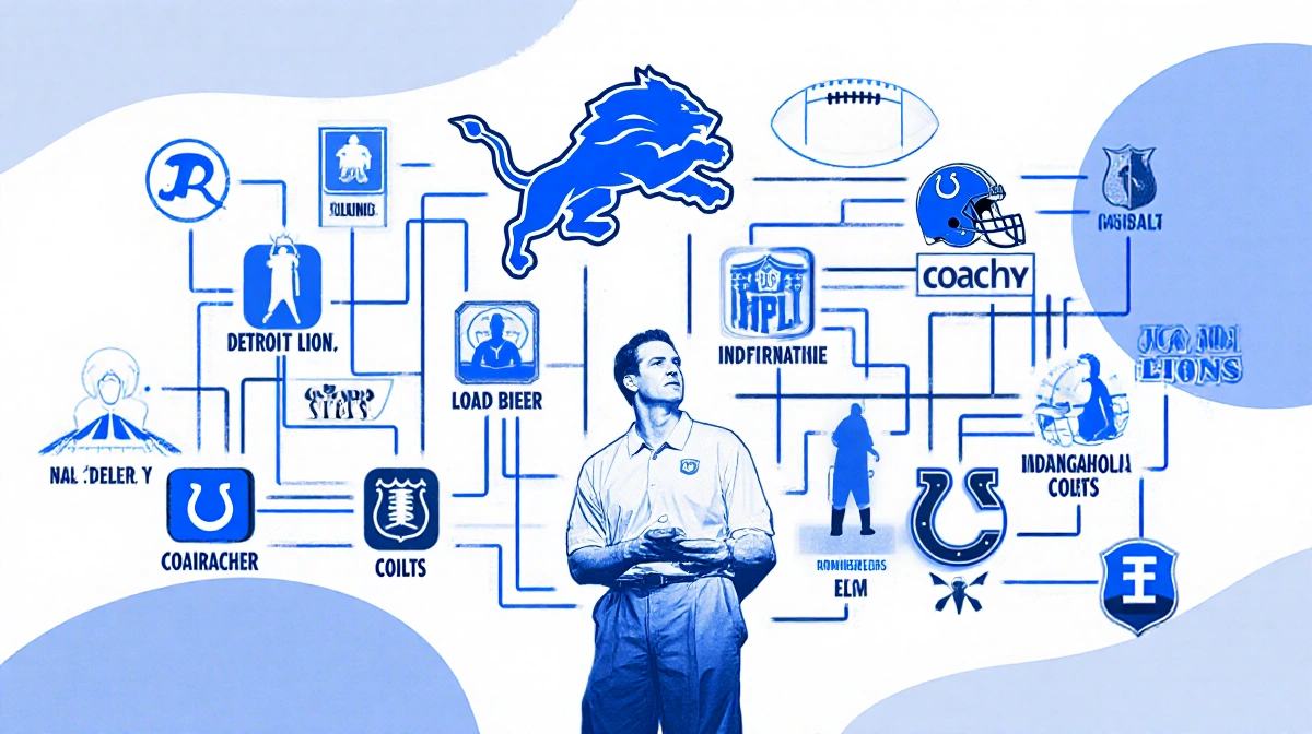 Jim Bob Cooter coaching football with branching blue football fields showing his career path and team logos