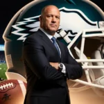 Jim Bob Cooter stands confidently with Eagles and Colts logos showing his NFL coaching transition