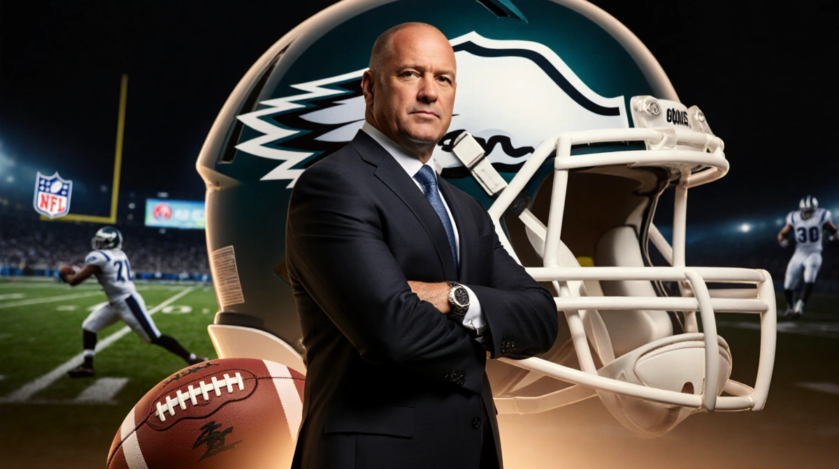 Jim Bob Cooter stands confidently with Eagles and Colts logos showing his NFL coaching transition