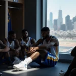 Jimmy Butler sitting on locker room floor with ice on knee and concerned Warriors teammates nearby
