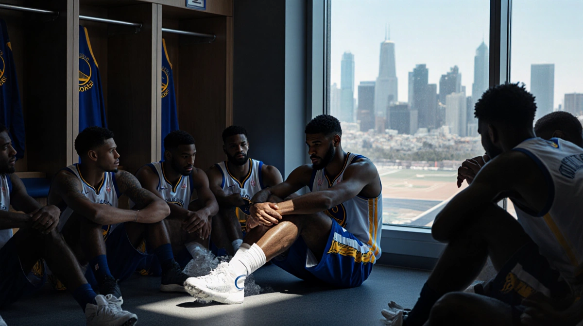 Jimmy Butler sitting on locker room floor with ice on knee and concerned Warriors teammates nearby