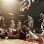 Jimmy Butler lies on court clutching knee with teammates rushing to him and a blurred hoop behind