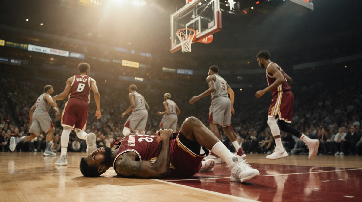 Jimmy Butler lies on court clutching knee with teammates rushing to him and a blurred hoop behind