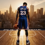 Joel Embiid standing on court with his back to camera and a basketball silhouetted against a golden Philadelphia skyline