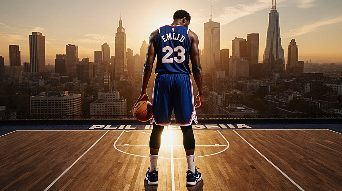 Joel Embiid standing on court with his back to camera and a basketball silhouetted against a golden Philadelphia skyline