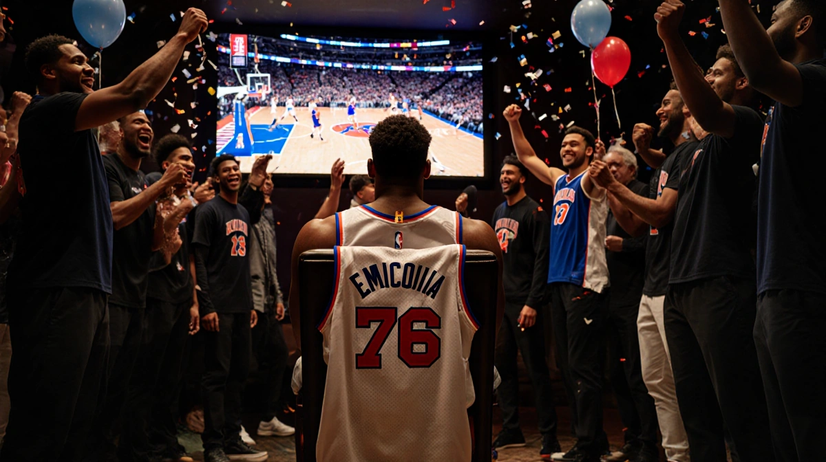 Joel Embiid sitting with crossed arms while giant screen shows game highlights in dim Madison Square Garden suite