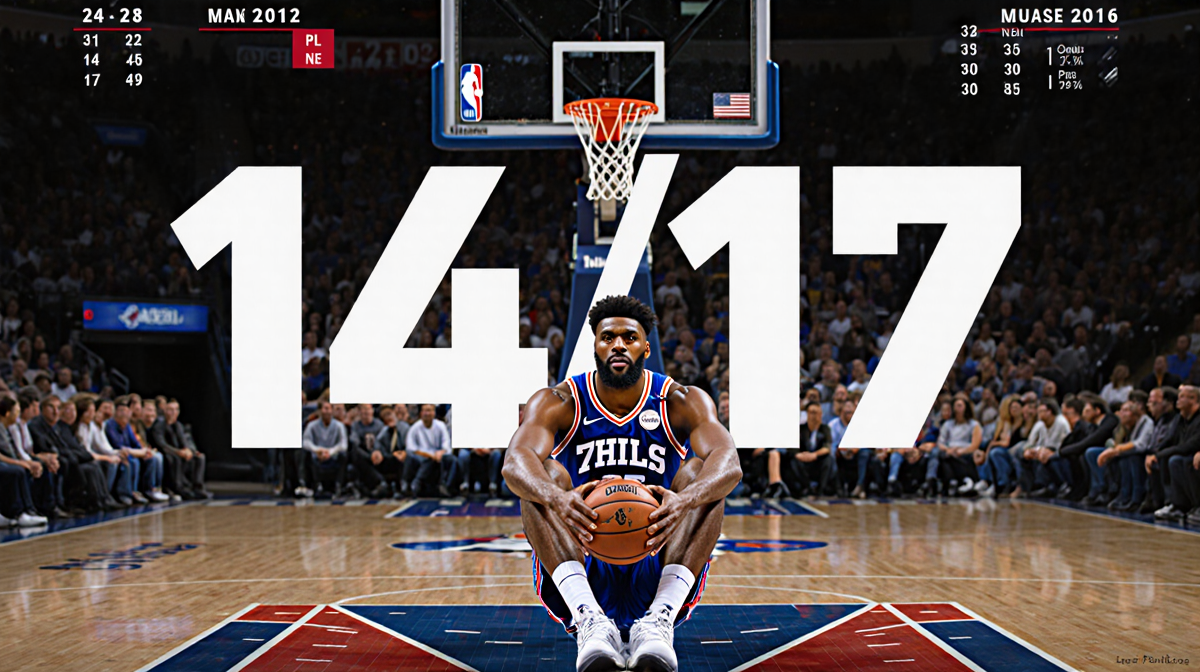 Philadelphia 76ers Joel Embiid sits on the court with a basketball and 14/17 numbers above him near a blurred NBA schedule.