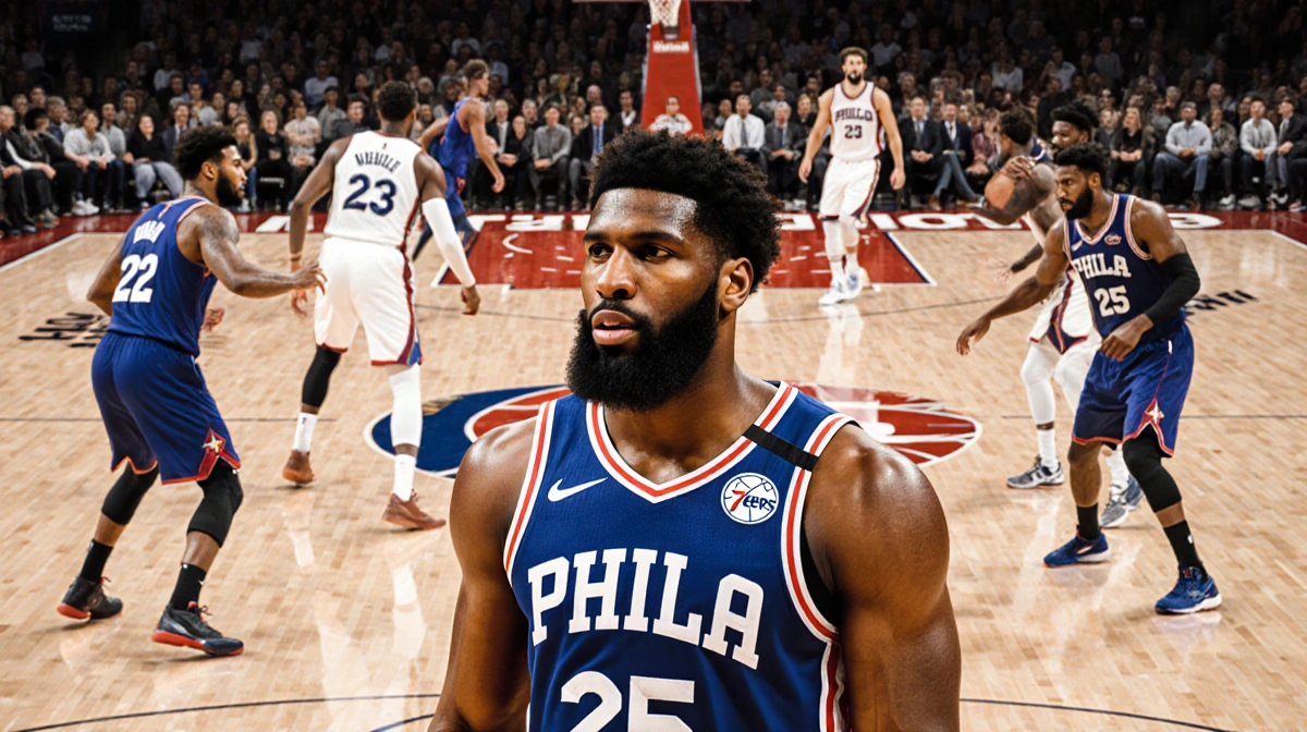 Joel Embiid stands determined on basketball court with blurred defenders surrounding him and subtle grid pattern behind