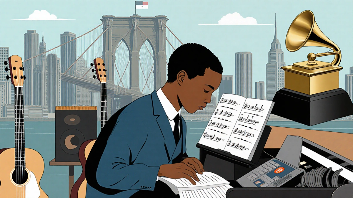 Young John Forté composing music at piano with Grammy Award and NYC skyline visible through window