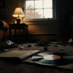 Faded vinyl record lies open on cluttered floor with autumn sunlight streaming through window and eerie lamp glow