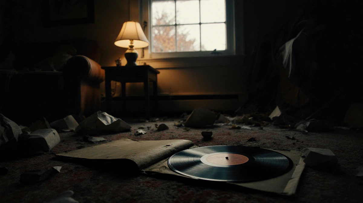 Faded vinyl record lies open on cluttered floor with autumn sunlight streaming through window and eerie lamp glow