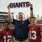 John Harbaugh holds Giants logo with smiling fans and city skyline behind him