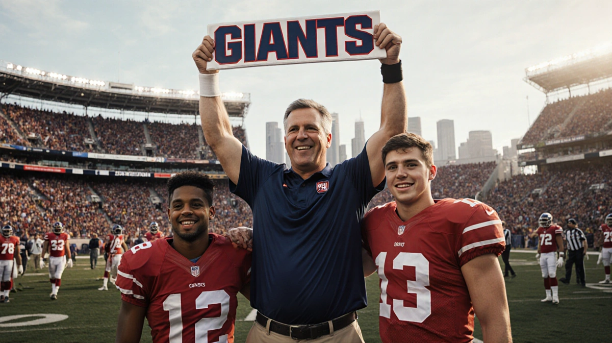 John Harbaugh holds Giants logo with smiling fans and city skyline behind him