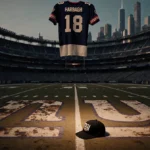 A Baltimore Ravens jersey hangs in a darkened New York Giants stadium with a coach
