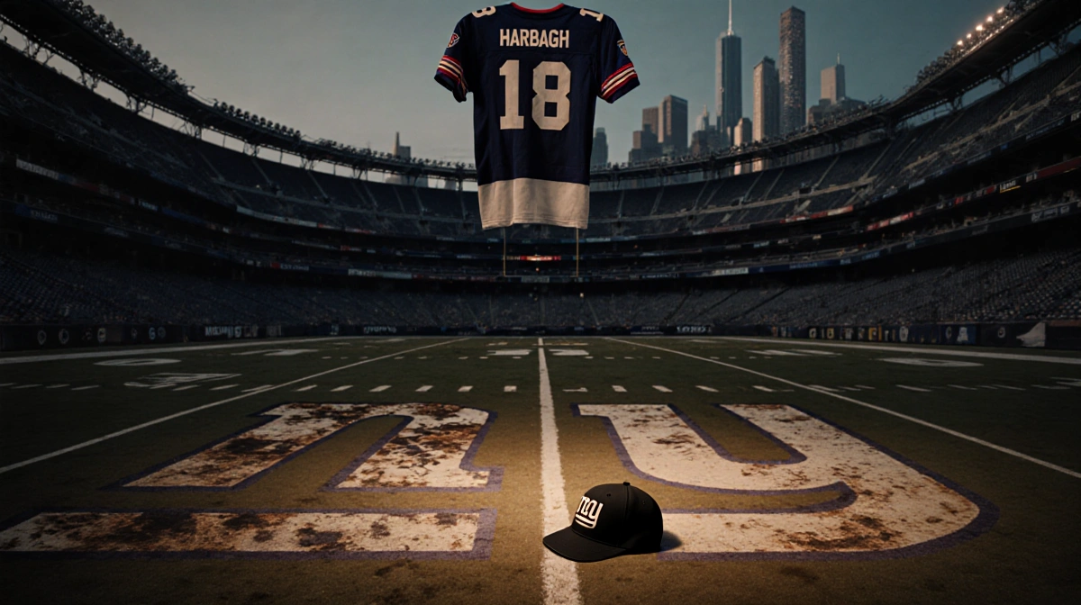 A Baltimore Ravens jersey hangs in a darkened New York Giants stadium with a coach