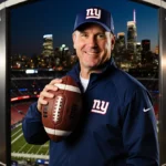 John Harbaugh wearing Giants cap and holding football with MetLife Stadium lights behind him