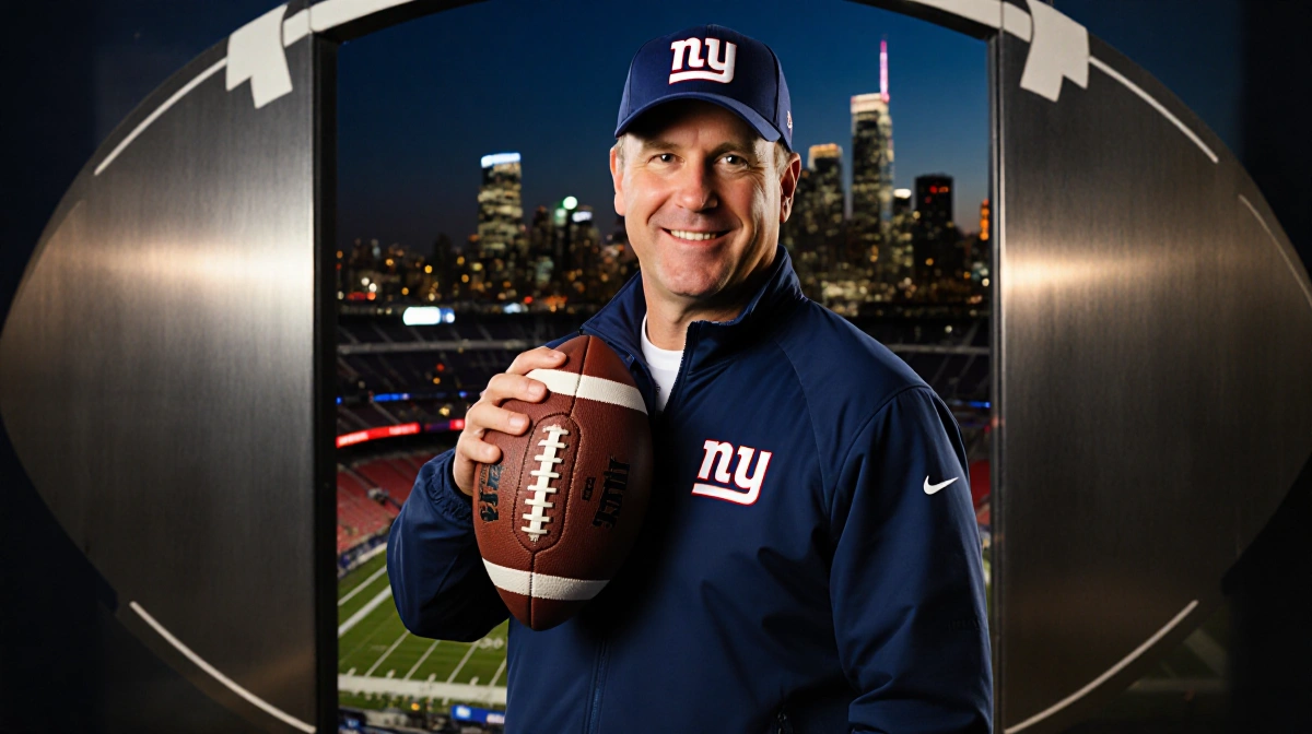 John Harbaugh wearing Giants cap and holding football with MetLife Stadium lights behind him