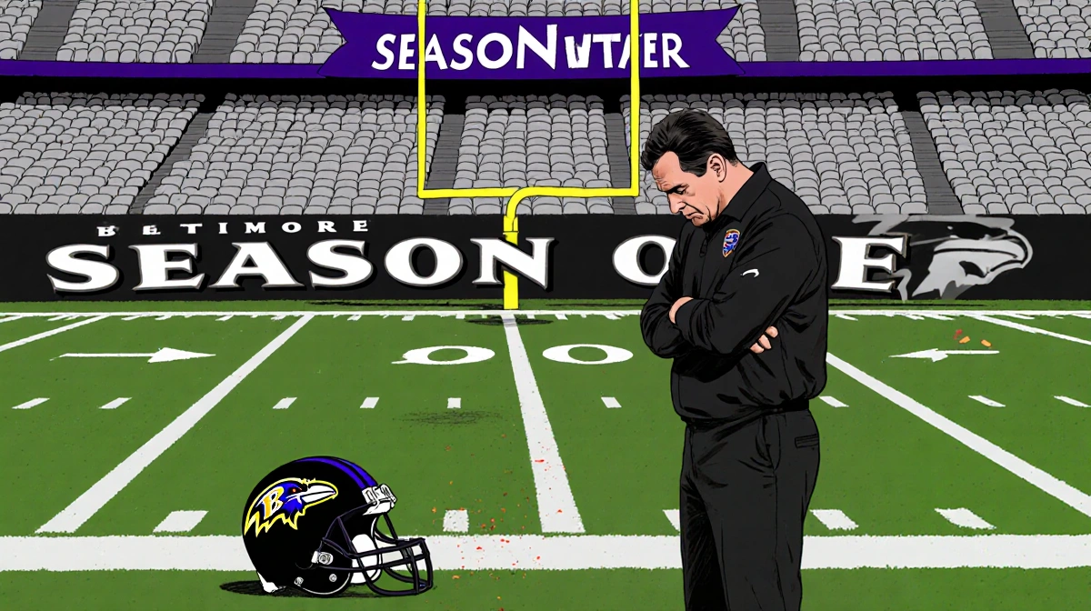 Illustrate John Harbaugh standing in front of an empty football stadium, with a lone field goal attempt being blocked by a Ra
