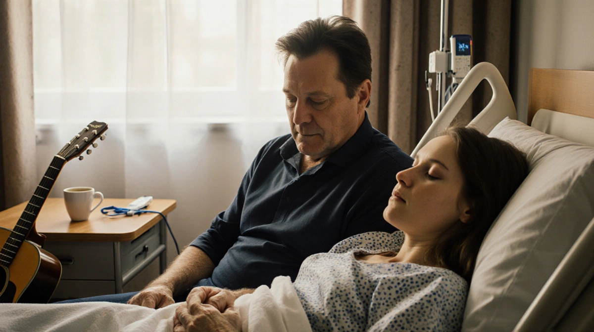 John Mellencamp sits beside daughter Teddi in hospital bed with guitar and medical equipment showing father-daughter bond