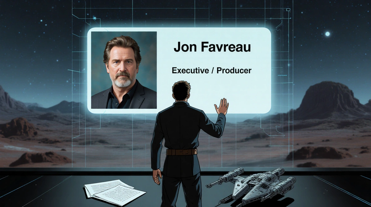 Jon Favreau stands at holographic display with Showrunner title and Star Wars landscape behind him
