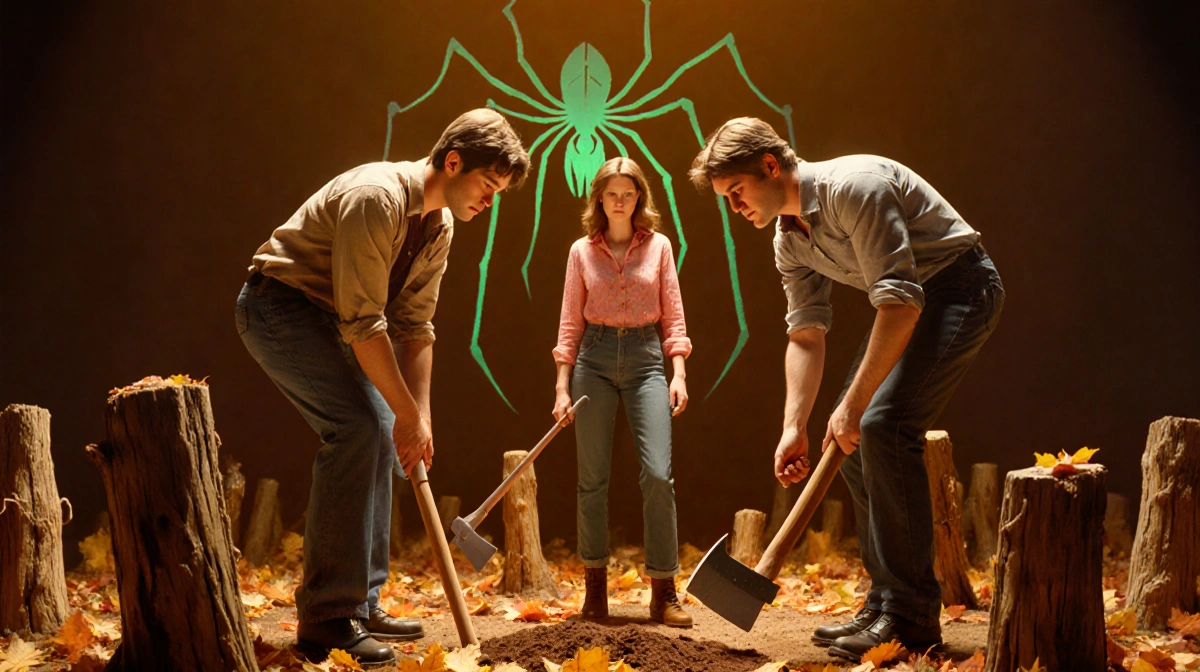 Jonathan and Steve burying a hatchet together with Joyce standing between them and a shadowy Mind Flayer hint in background.