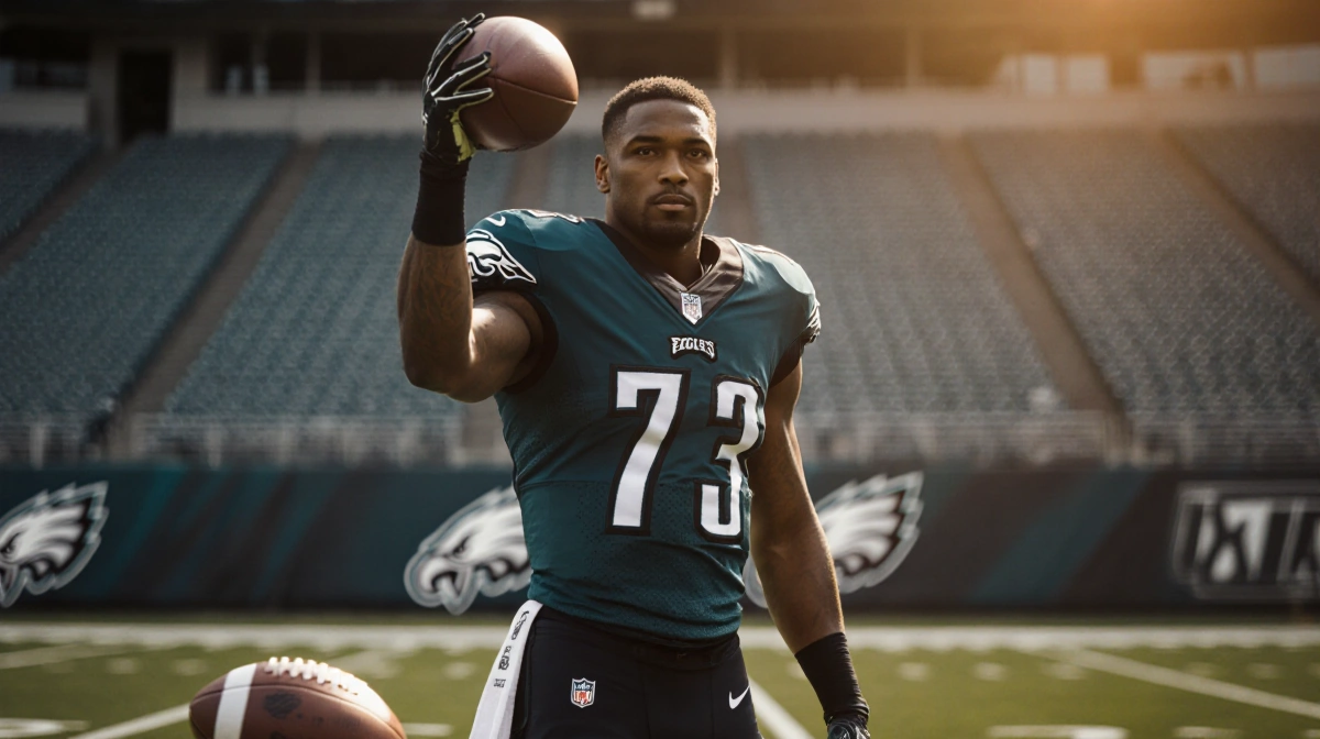 Jordan Mailata standing behind the Eagles offense line holding a football aloft with warm golden lighting and empty seats