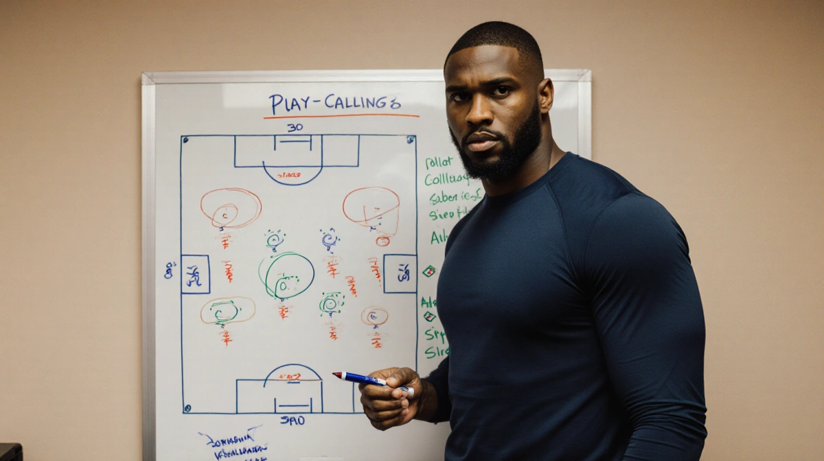 Jordan Mailata explaining football plays on whiteboard with marker in hand and determined expression