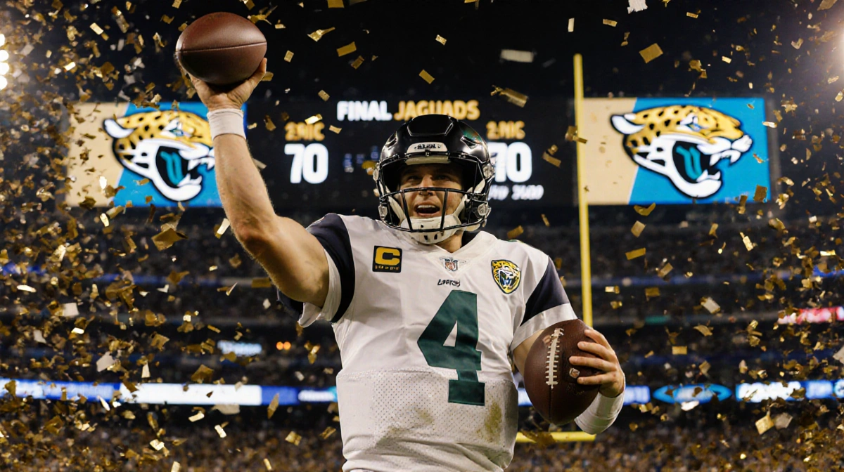 Josh Allen celebrating with football as confetti falls and Jaguars logo shows behind him